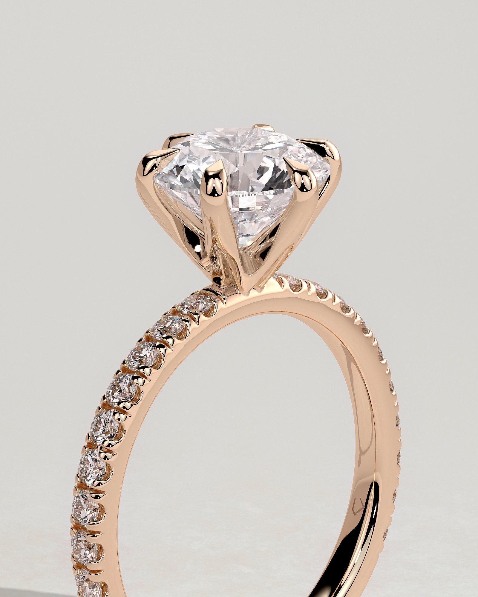 Alexandria - Round Claw Solitaire with Pave Band Engagement Ring - Rose Gold - Rose Gold 2ct