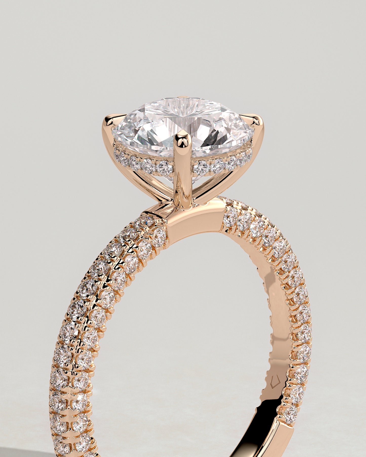 Alex - Round Claw Solitaire with Hidden Halo and Triple Pave Band Engagement Ring - Rose Gold - Rose Gold 2ct
