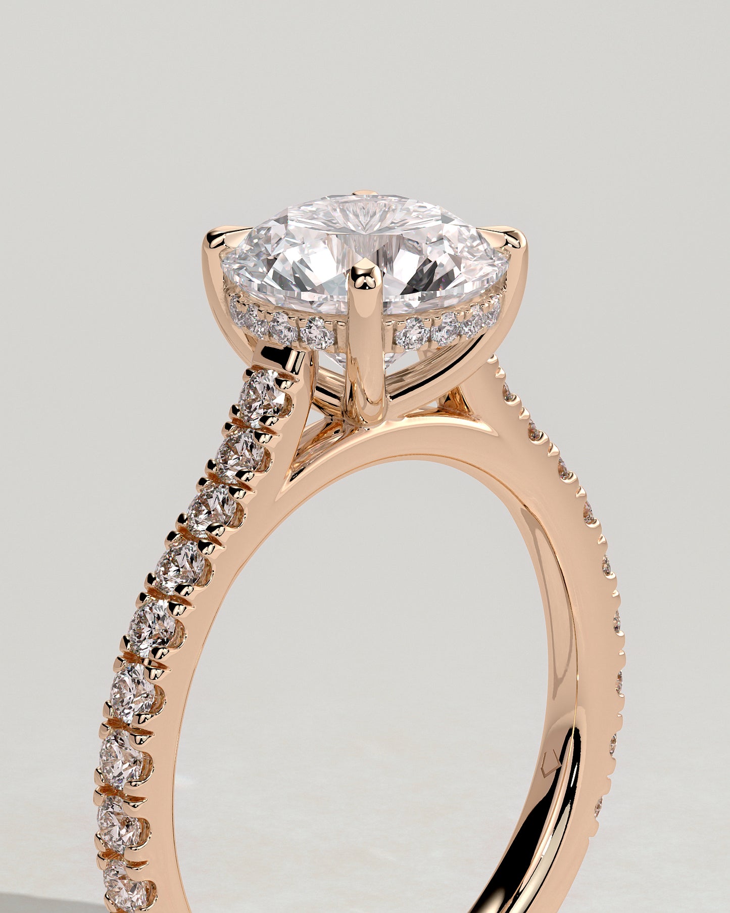 Ashlea - Round Claw Solitaire with Hidden Halo, Pave Band and Cathedral High Setting Engagement Ring - Rose Gold - Rose Gold 2ct