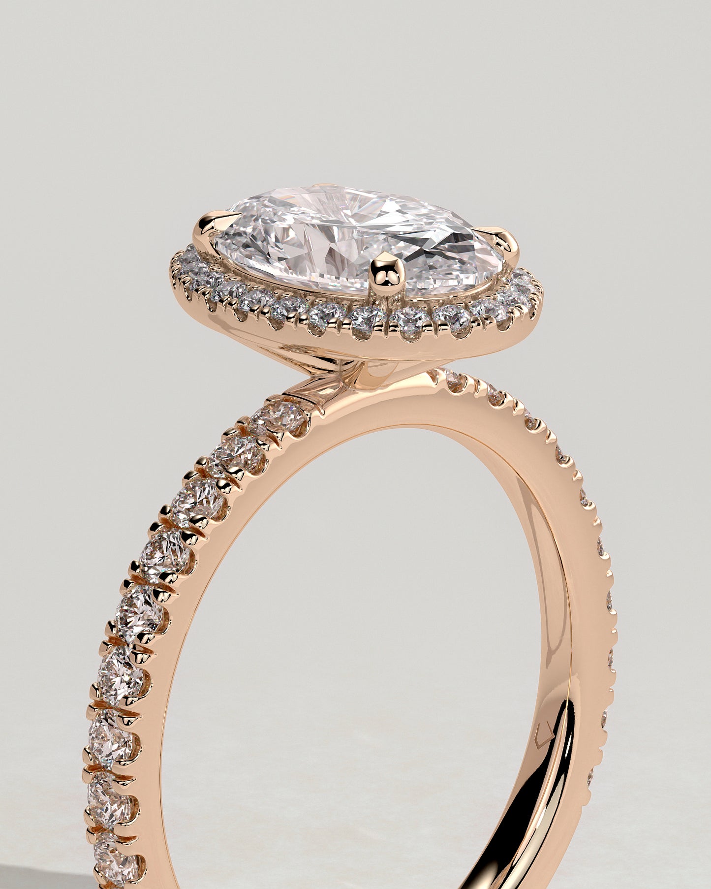 Aurora - Oval Claw Solitaire with Halo and Pave Band Engagement Ring - Rose Gold - Rose Gold 2ct
