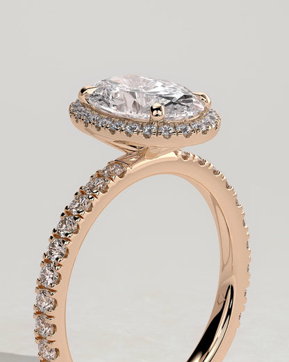 Aurora - Oval Claw Solitaire with Halo and Pave Band Engagement Ring - Rose Gold
