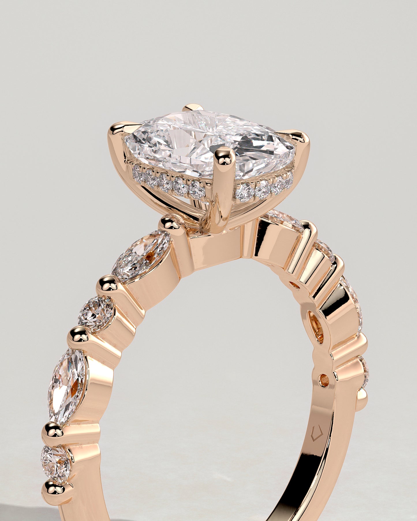 Cali - Elongated Cushion Claw Solitaire with Marquise-Round Accent Stones and Hidden Halo Engagement Ring - Rose Gold - Rose Gold 2ct