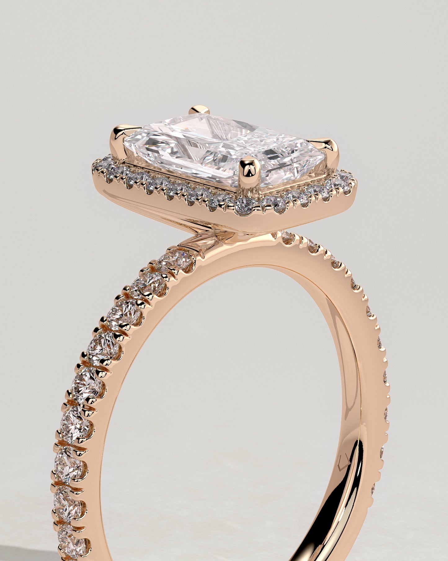 Catherine - Radiant Claw Solitaire with Halo and Pave Band Engagement Ring - Rose Gold - Rose Gold 2ct