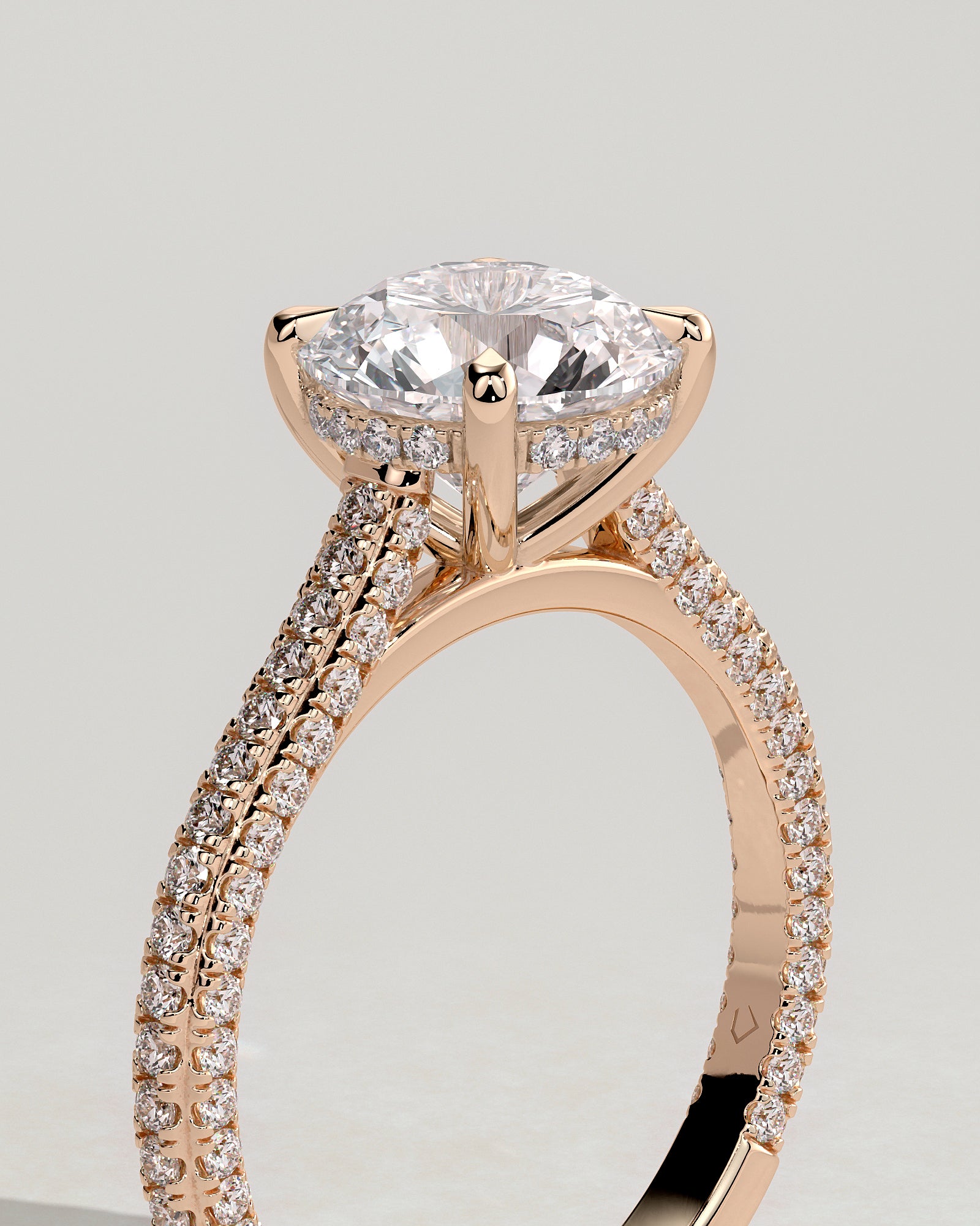 Chelsea - Round Claw Solitaire with Hidden Halo, Triple Pave Band and Cathedral High Setting Engagement Ring - Rose Gold - Rose Gold 2ct