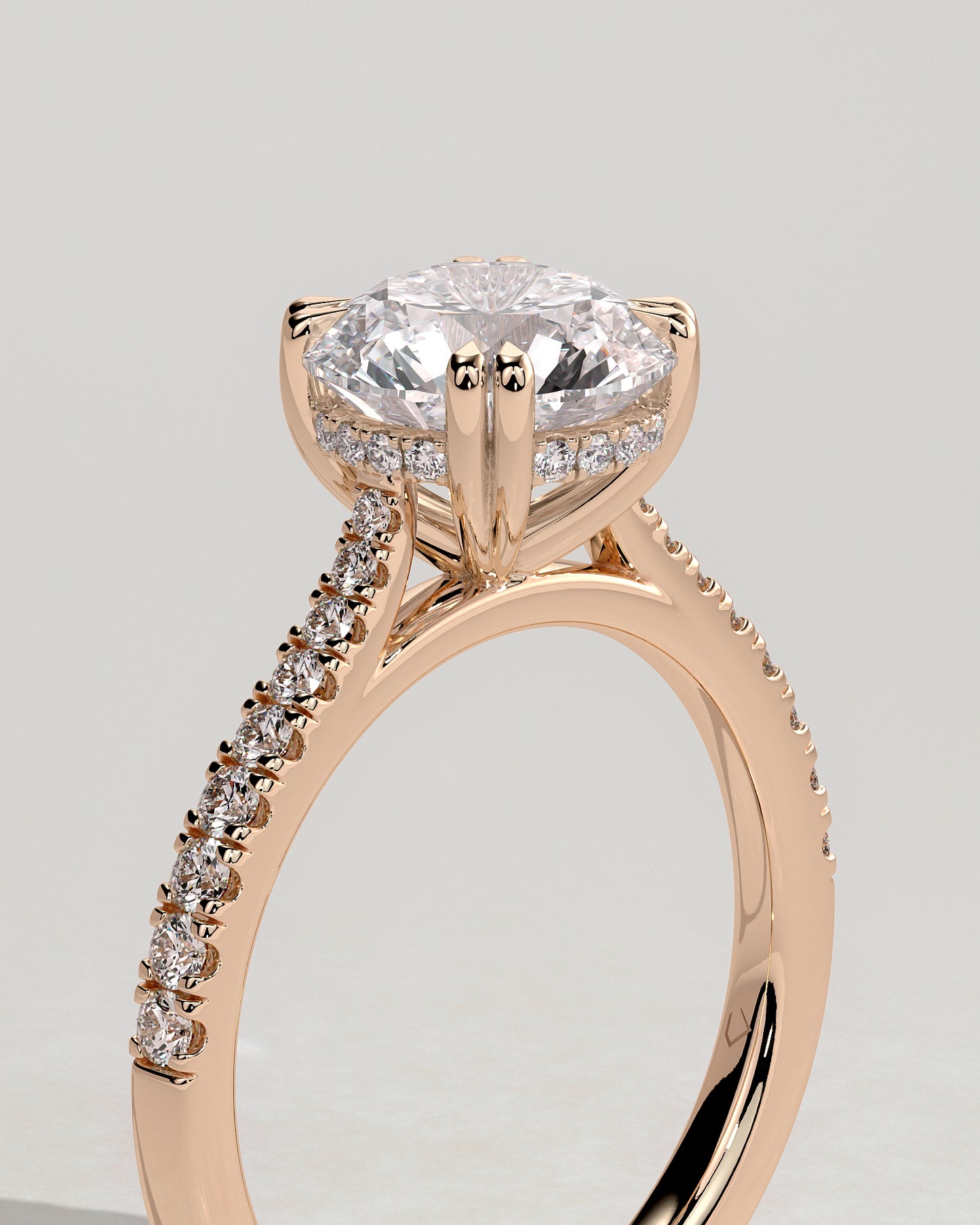 Amelia - Round Double Claw Solitaire with Hidden Halo, Tapered Pave Band and Cathedral High Setting Engagement Ring - Rose Gold - Rose Gold 2ct