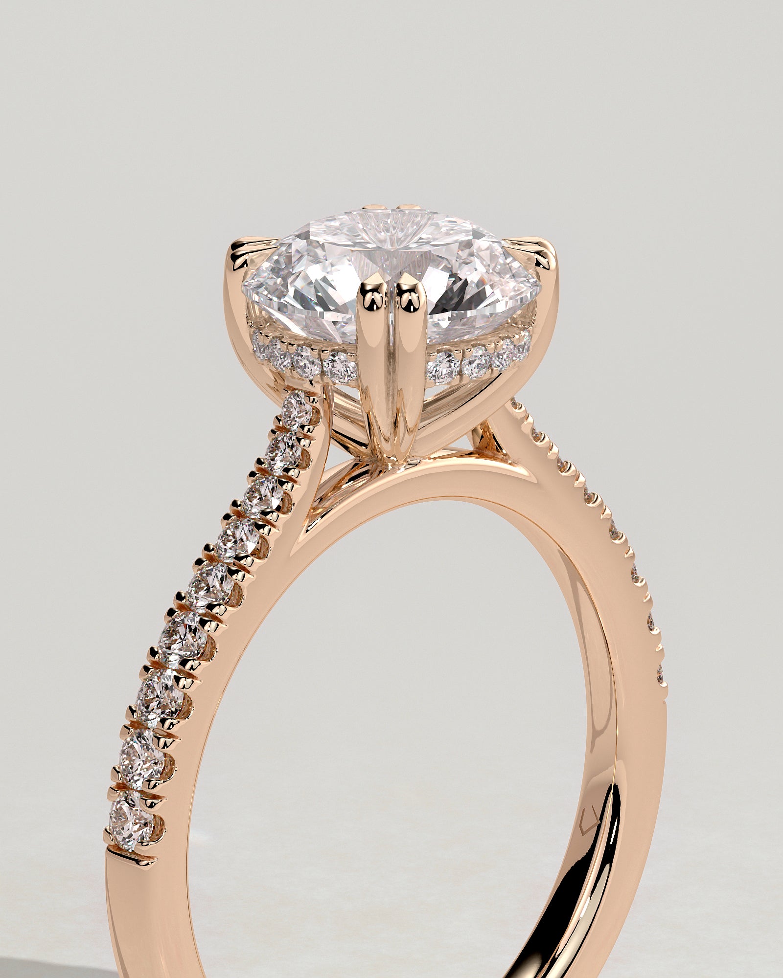 Amelia - Round Double Claw Solitaire with Hidden Halo, Tapered Pave Band and Cathedral High Setting Engagement Ring - Rose Gold - Rose Gold 2ct