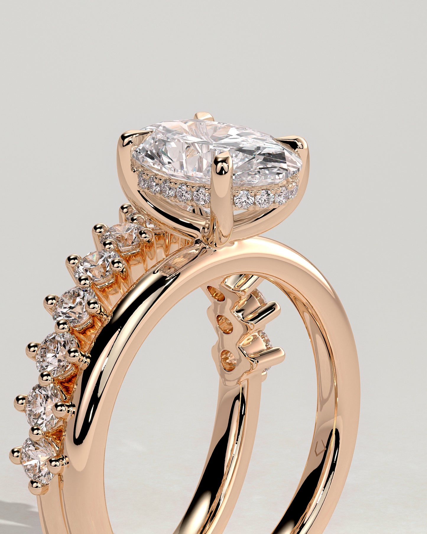 Athena - Oval Claw Solitaire with Double Plain-and-Round-Accent Stones Band Engagement Ring - Rose Gold - Rose Gold 2ct