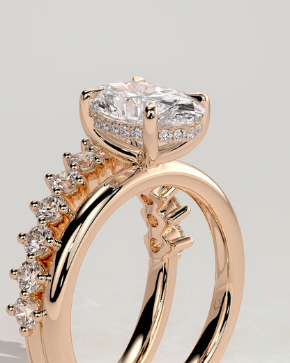 Athena - Oval Claw Solitaire with Double Plain-and-Round-Accent Stones Band Engagement Ring - Rose Gold