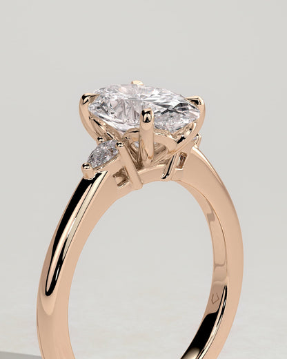 Elena - Oval Claw Trilogy with Pear Side Stones and Tulip Detail Engagement Ring - Rose Gold