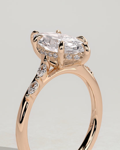 Elsie - Marquise Claw Solitaire with Hidden Halo, Opposing Marquise Accents and Cathedral High Setting Engagement Ring - Rose Gold