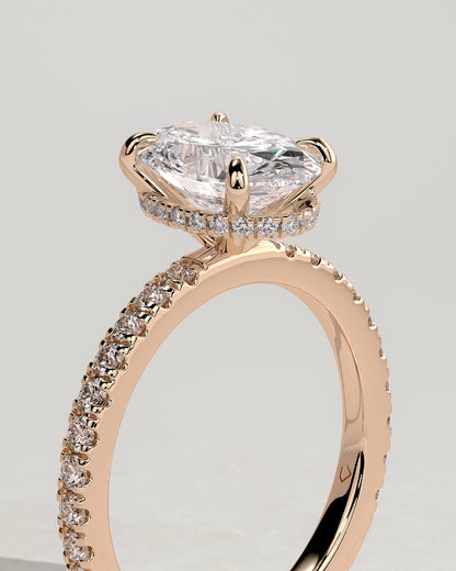 Evangeline - Oval Claw Solitaire with Wrap Around Hidden Halo and Pave Band Engagement Ring - Rose Gold