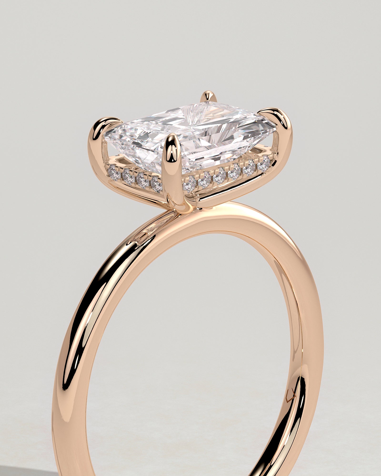 Francene - Radiant East West Claw Solitaire with Hidden Halo Engagement Ring - Rose Gold - Rose Gold 2ct