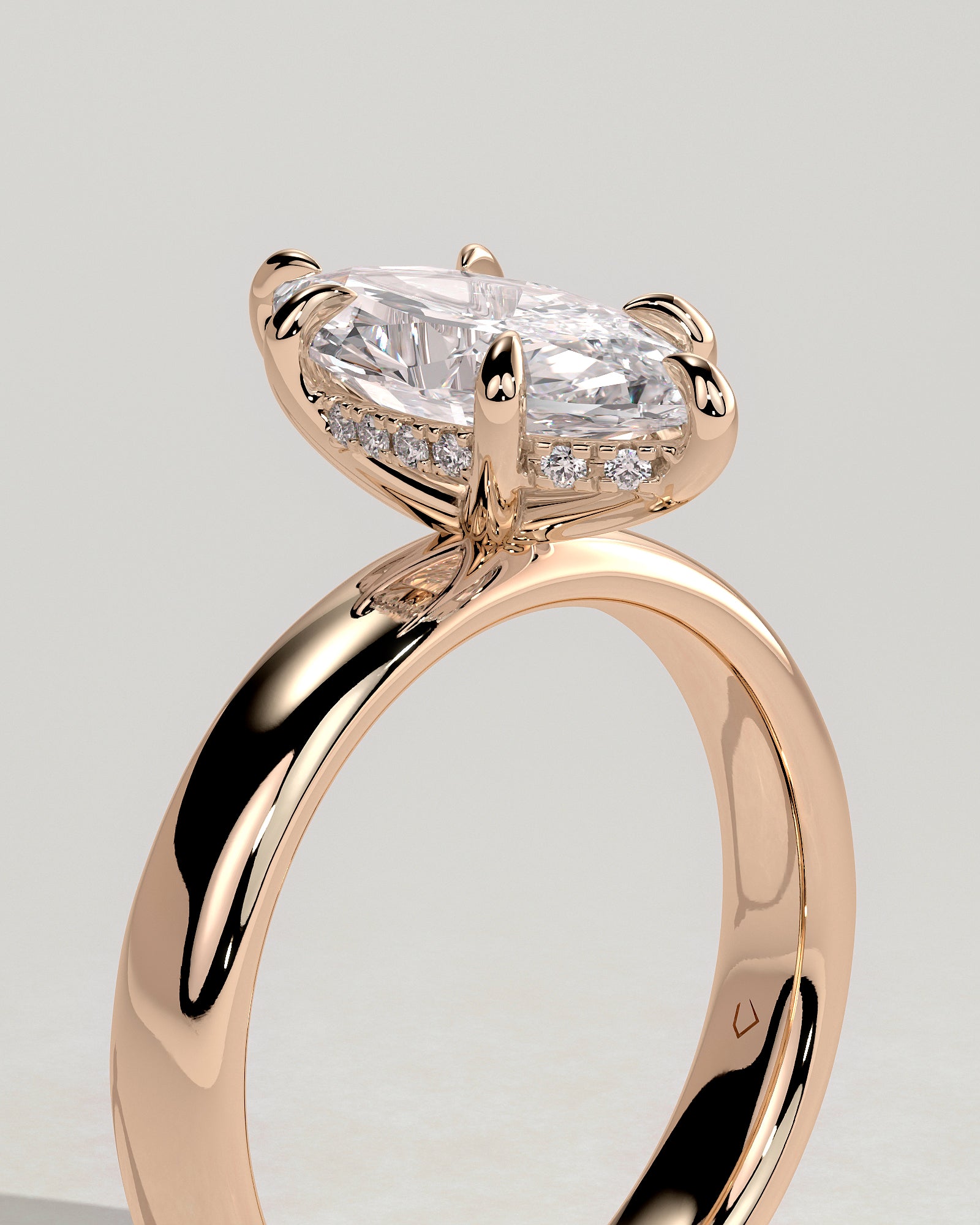 Gigi - Marquise Claw Solitaire with Cigar Band and Hidden Halo Engagement Ring - Rose Gold - Rose Gold 2ct