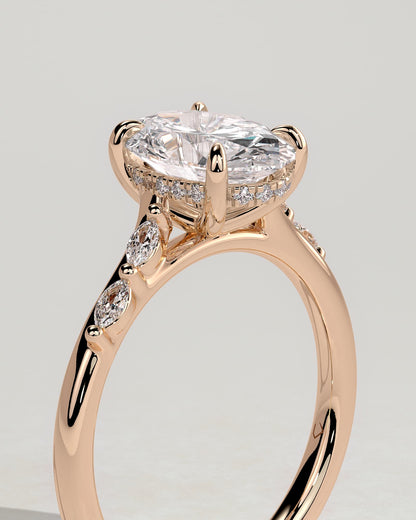 Jamie - Oval Claw Solitaire with Hidden Halo, Opposing Marquise Accents and Cathedral High Setting Engagement Ring - Rose Gold