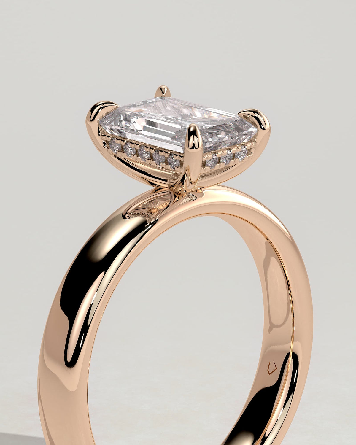 Kate - Emerald Claw Solitaire with Cigar Band and Hidden Halo Engagement Ring - Rose Gold
