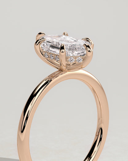Delta - Elongated Hexagon Claw Solitaire with Hidden Halo Engagement Ring - Rose Gold