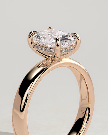 Cora - Elongated Cushion Claw Solitaire with Cigar Band and Hidden Halo Engagement Ring - Rose Gold