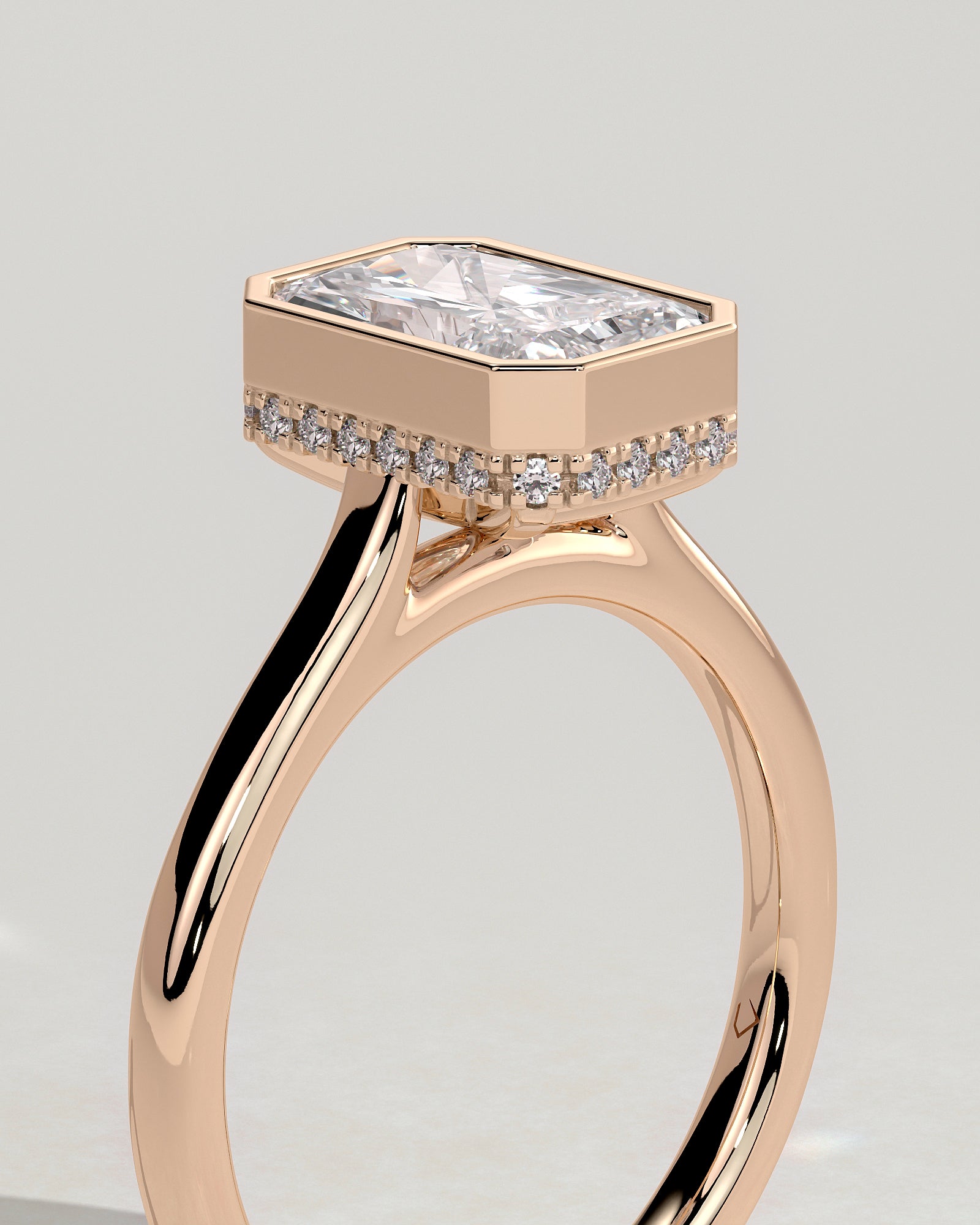 Bennie - Radiant Bezel Solitaire with Hidden Halo and Cathedral High Setting Engagement Ring - Rose Gold - Rose Gold 2ct