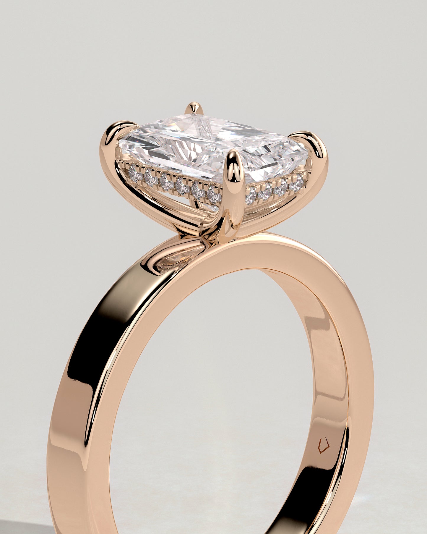 Aida - Radiant Claw Solitaire with Flat Cigar Band and Hidden Halo Engagement Ring - Rose Gold - Rose Gold 2ct