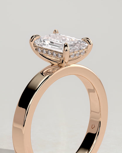 Carmella - Emerald Claw Solitaire with Flat Cigar Band and Hidden Halo Engagement Ring - Rose Gold