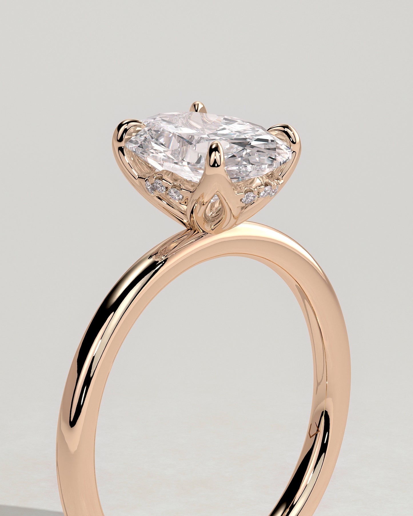 Ivy - Oval Claw Solitaire with Petal Gallery and Accented Tiara Detail Engagement Ring - Rose Gold - Rose Gold 2ct
