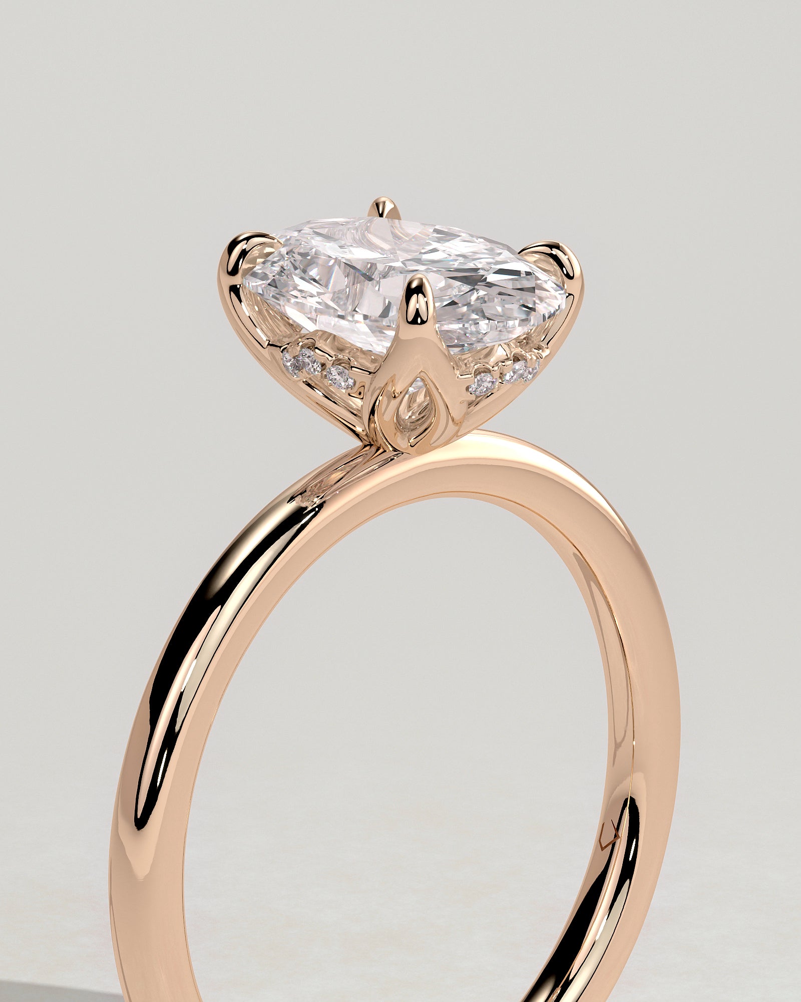 Ivy - Oval Claw Solitaire with Petal Gallery and Accented Tiara Detail Engagement Ring - Rose Gold - Rose Gold 2ct