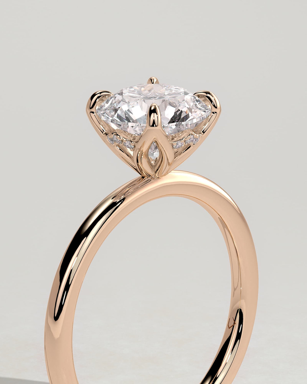 Dahlia - Round Claw Solitaire with Petal Gallery and Accented Tiara Detail Engagement Ring - Rose Gold