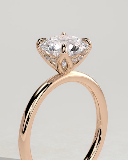 Dahlia - Round Claw Solitaire with Petal Gallery and Accented Tiara Detail Engagement Ring - Rose Gold