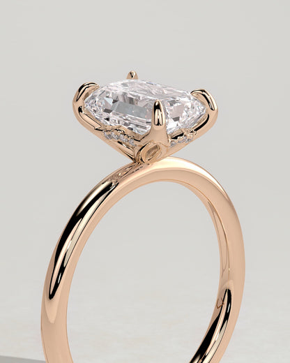 Freesia - Emerald Claw Solitaire with Petal Gallery and Accented Tiara Detail Engagement Ring - Rose Gold