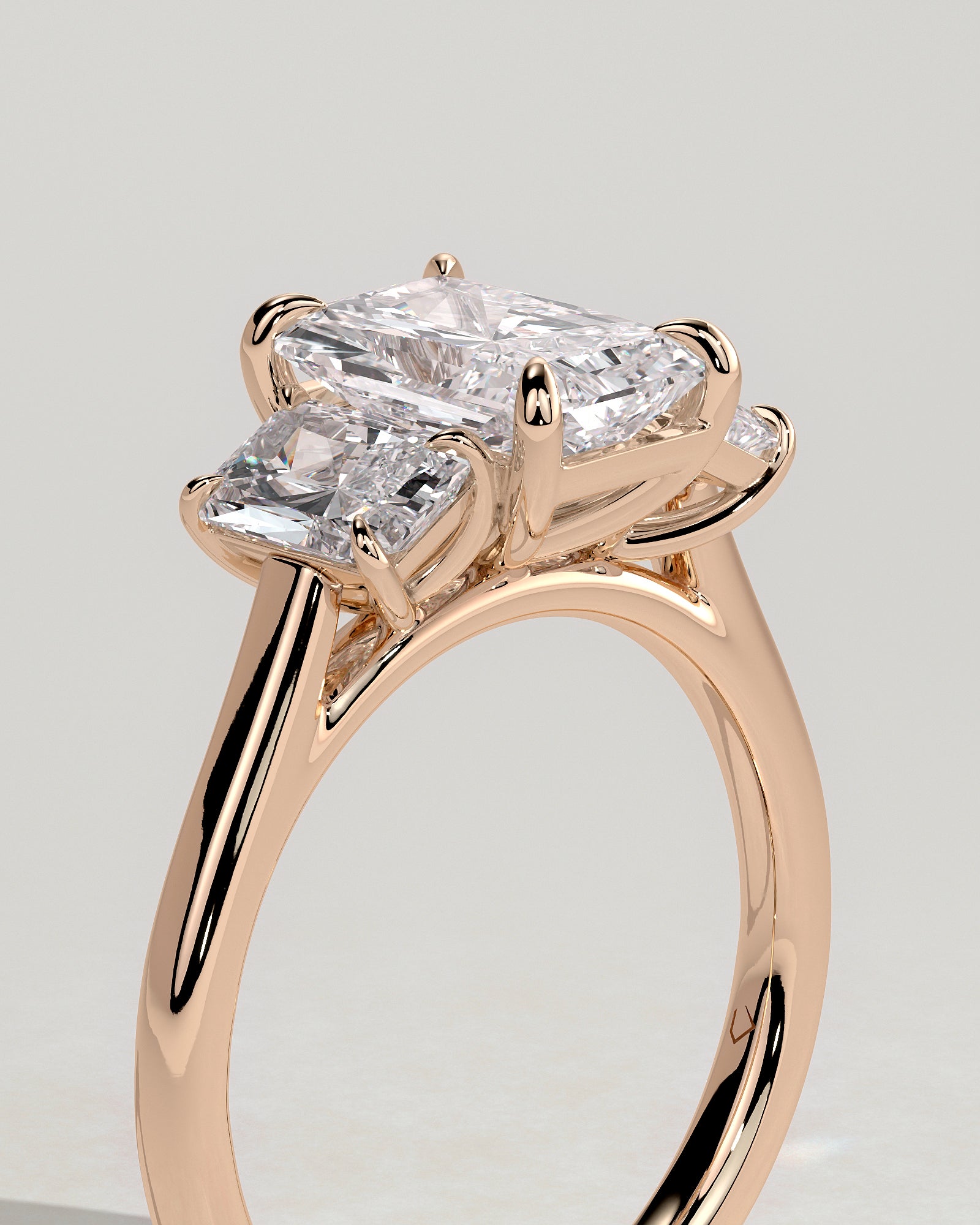 Ayla - Classic Radiant Claw Trilogy Engagement Ring - Rose Gold - Rose Gold 2ct