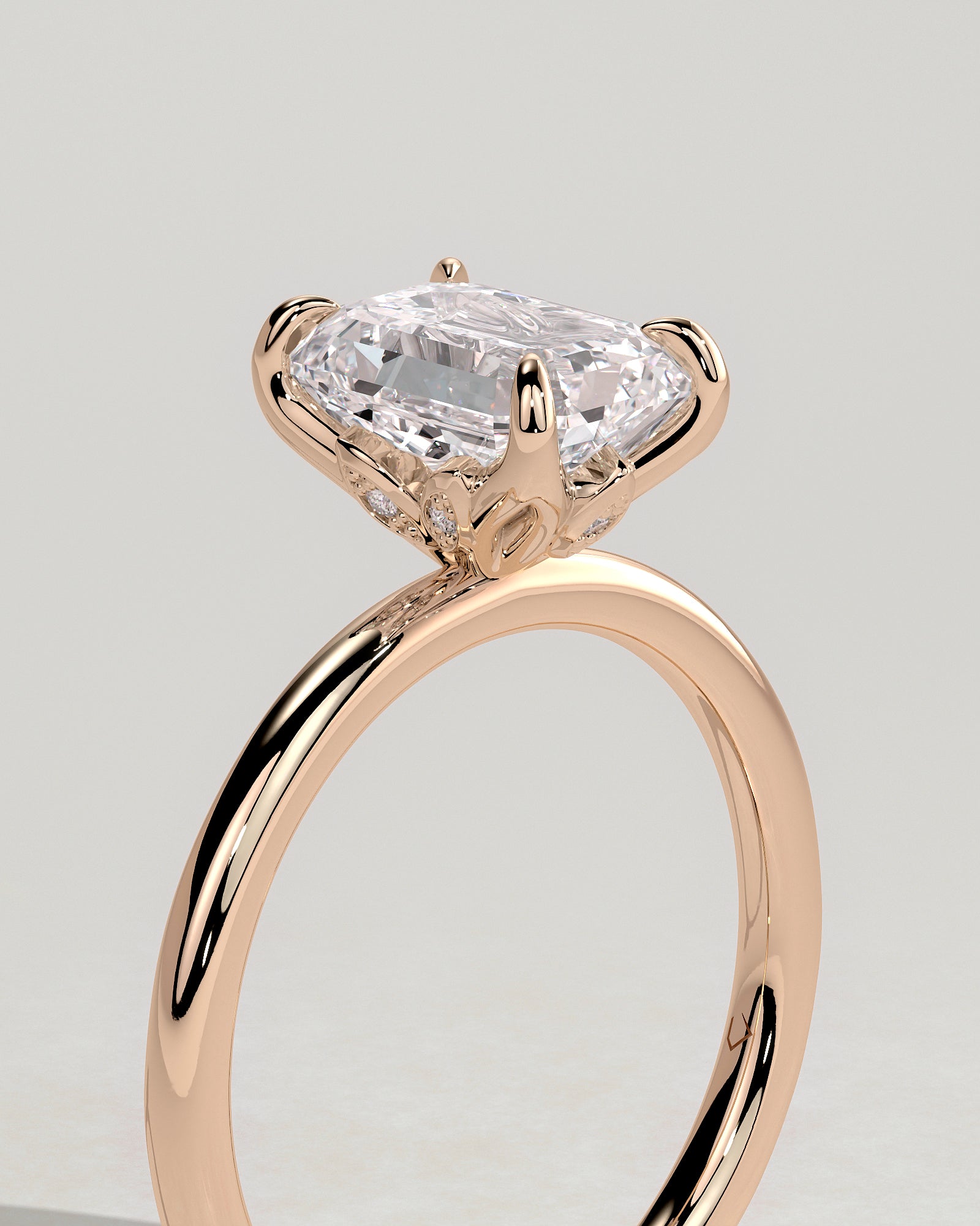Dove - Emerald Claw Solitaire with Petal Gallery and Accent Leaf Detail Engagement Ring - Rose Gold - Rose Gold 2ct