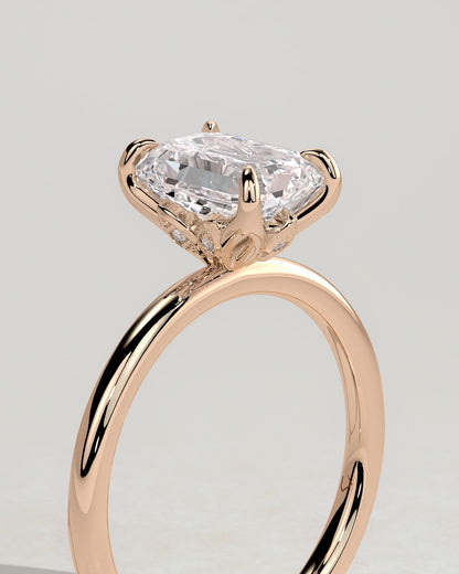 Dove - Emerald Claw Solitaire with Petal Gallery and Accent Leaf Detail Engagement Ring - Rose Gold