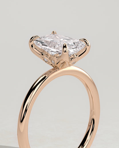 Evie - Radiant Claw Solitaire with Petal Gallery and Accent Leaf Detail Engagement Ring - Rose Gold