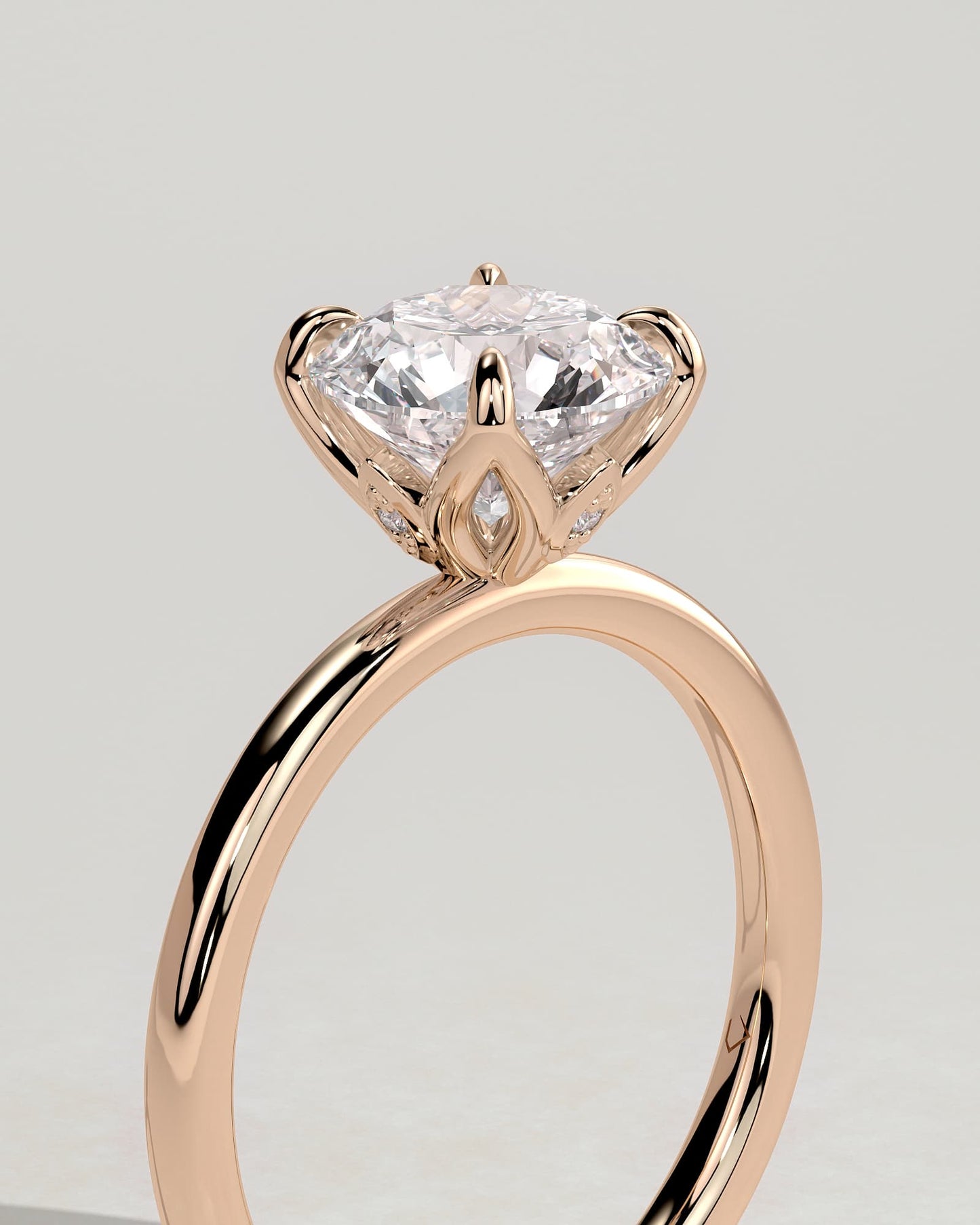 Joy - Round Claw Solitaire with Petal Gallery and Accent Leaf Detail Engagement Ring - Rose Gold