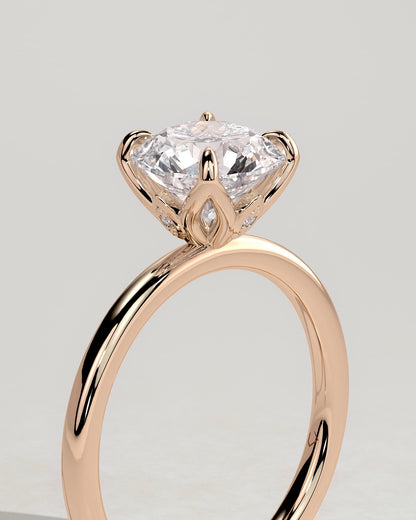 Joy - Round Claw Solitaire with Petal Gallery and Accent Leaf Detail Engagement Ring - Rose Gold