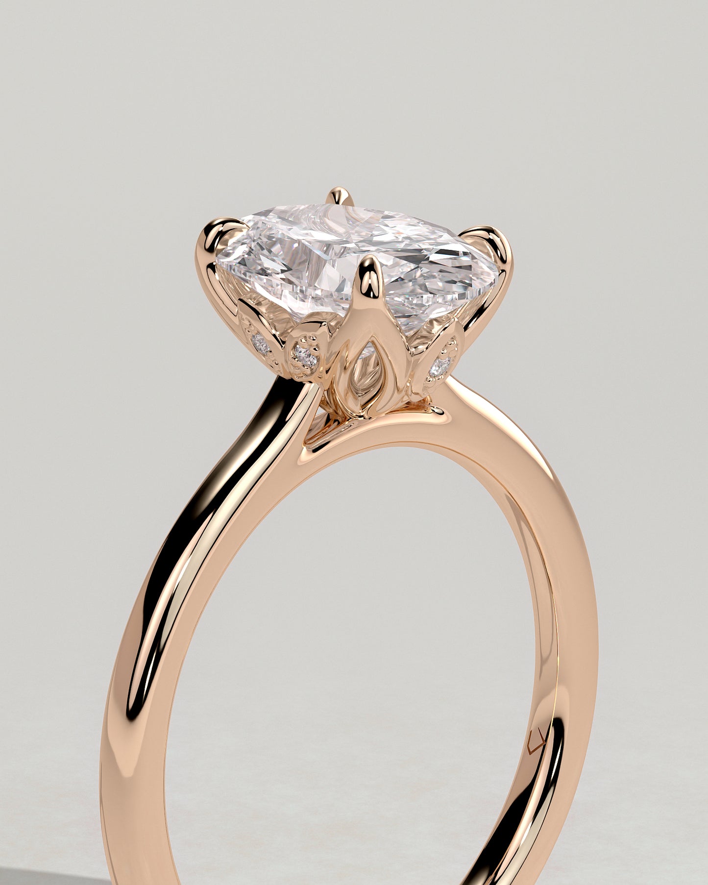 Erica - Oval Claw Solitaire with Petal Gallery, Accent Leaf Detail and Cathedral Setting Engagement Ring - Rose Gold - Rose Gold 2ct