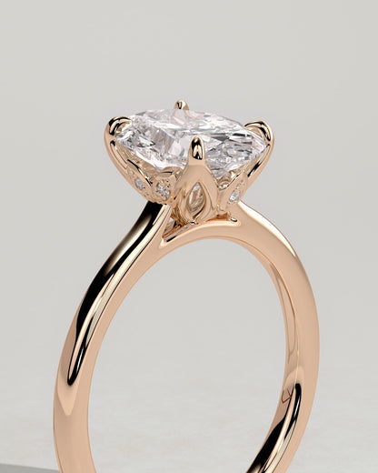 Erica - Oval Claw Solitaire with Petal Gallery, Accent Leaf Detail and Cathedral Setting Engagement Ring - Rose Gold