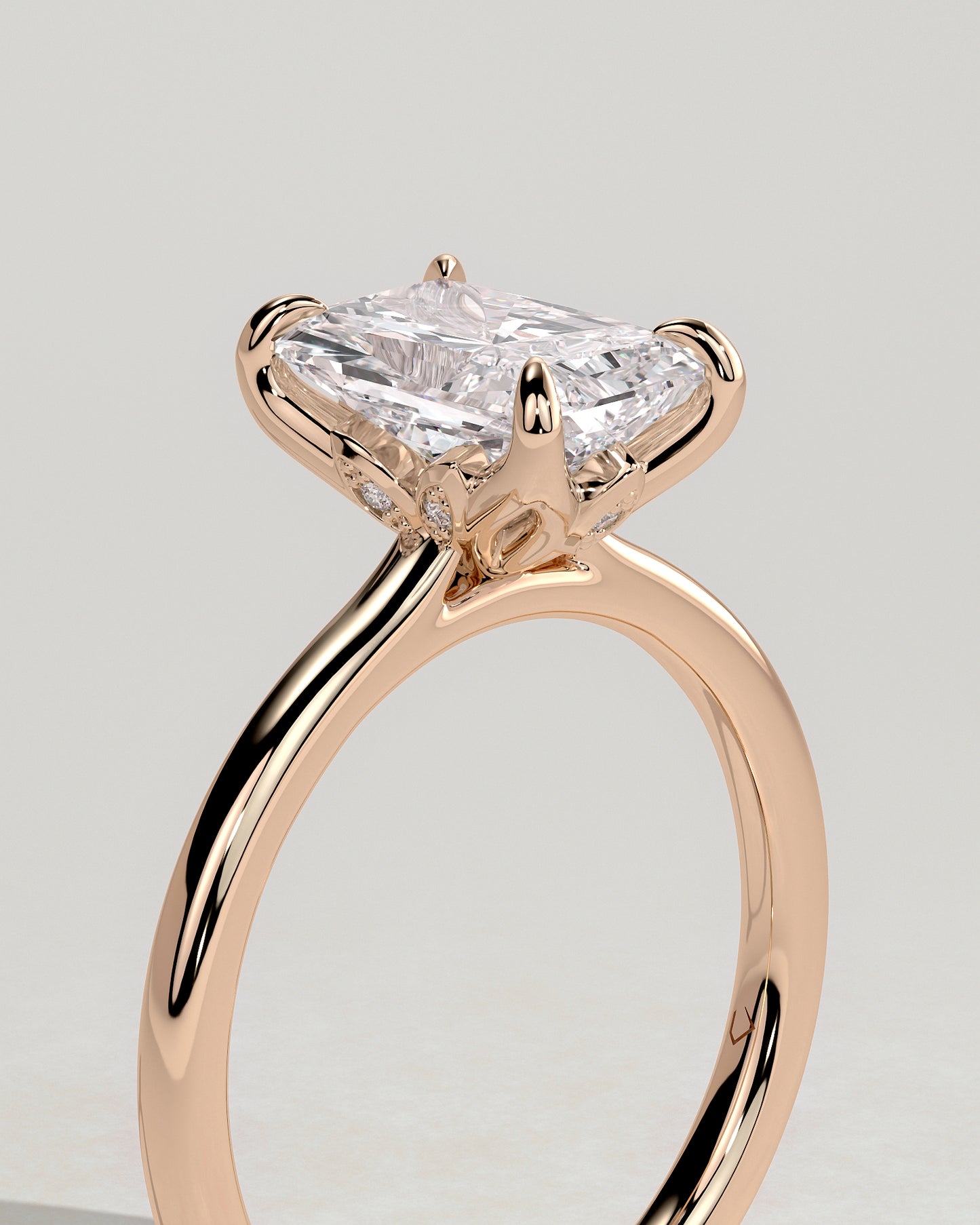 Harriet - Radiant Claw Solitaire with Petal Gallery, Accent Leaf Detail and Cathedral Setting Engagement Ring - Rose Gold - Rose Gold 2ct