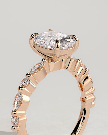 Delphine - Elongated Cushion Claw Solitaire with Marquise and Round Accent Stones Engagement Ring - Rose Gold