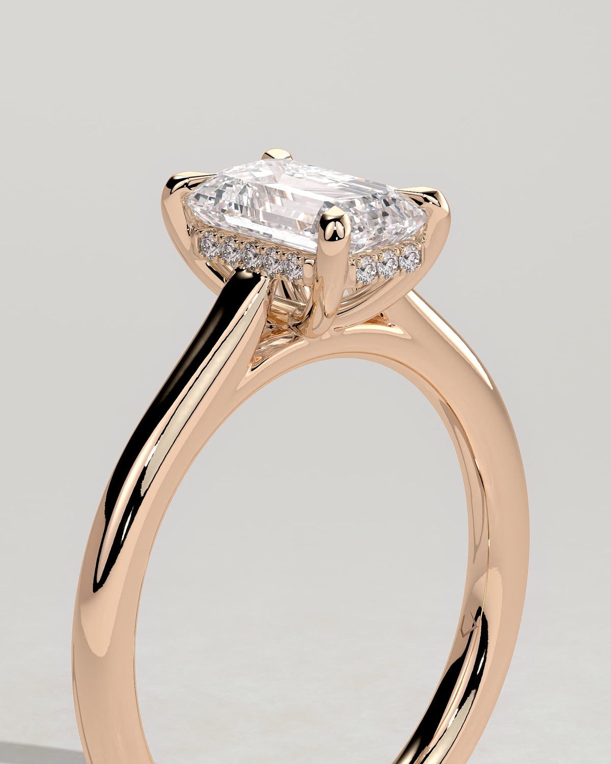 Jane - Emerald Claw Solitaire with Hidden Halo and Cathedral High Setting Engagement Ring - Rose Gold