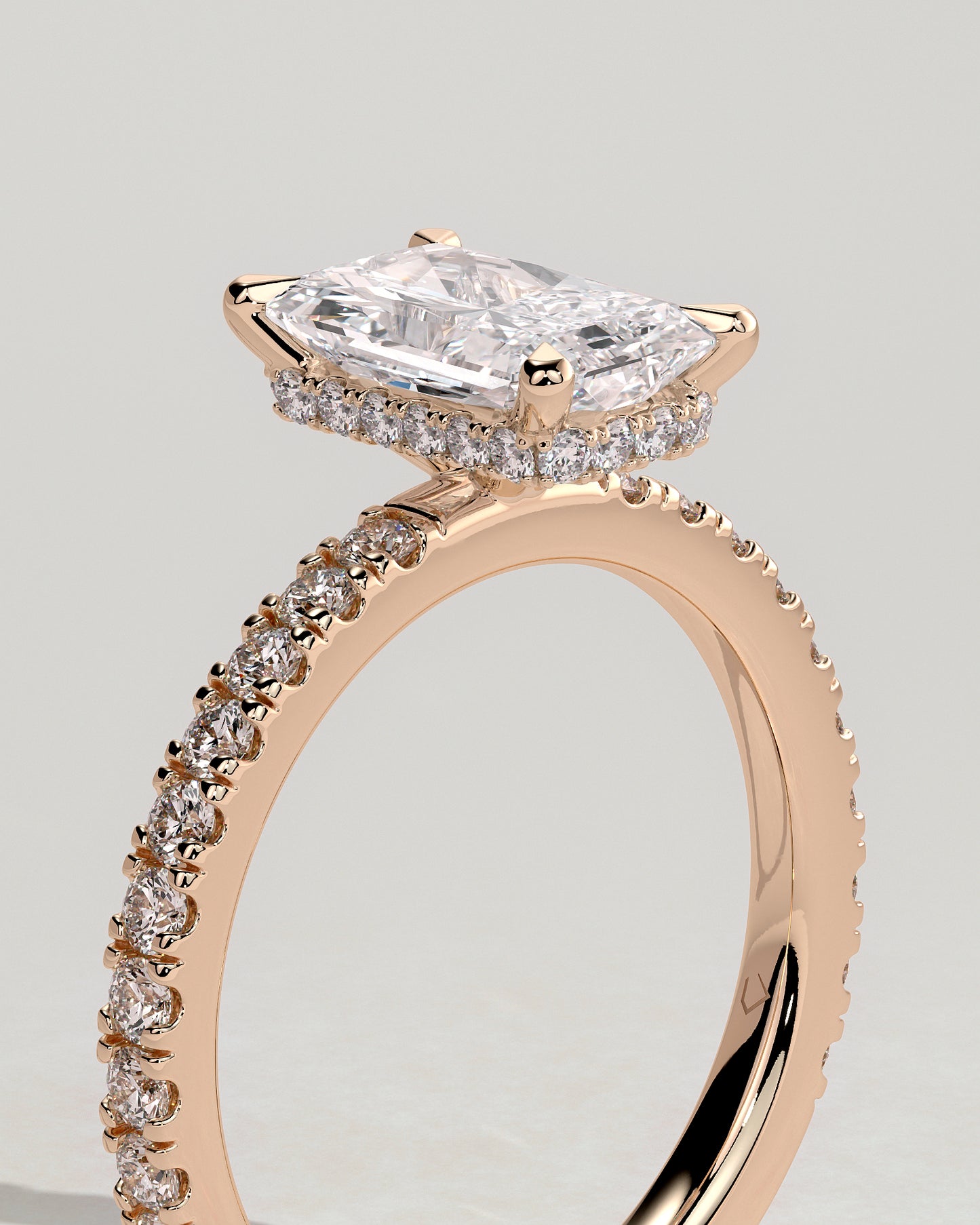 Ellie - Radiant Claw Solitaire with Wrap Around Hidden Halo and Pave Band Engagement Ring - Rose Gold - Rose Gold 2ct