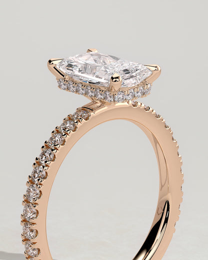 Ellie - Radiant Claw Solitaire with Wrap Around Hidden Halo and Pave Band Engagement Ring - Rose Gold