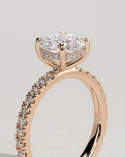 Claudia - Cushion Claw Solitaire with Hidden Halo and Pave Band Engagement Ring - Rose Gold