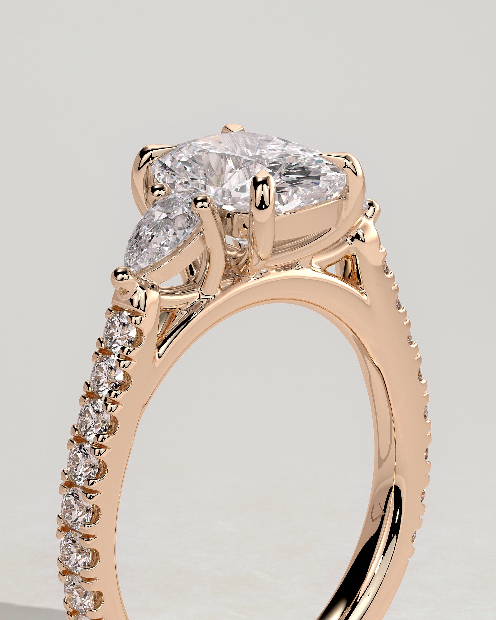 Bree - Elongated Cushion Claw Trilogy with Pear Side Stones and Pave Band Engagement Ring - Rose Gold - Rose Gold 2ct