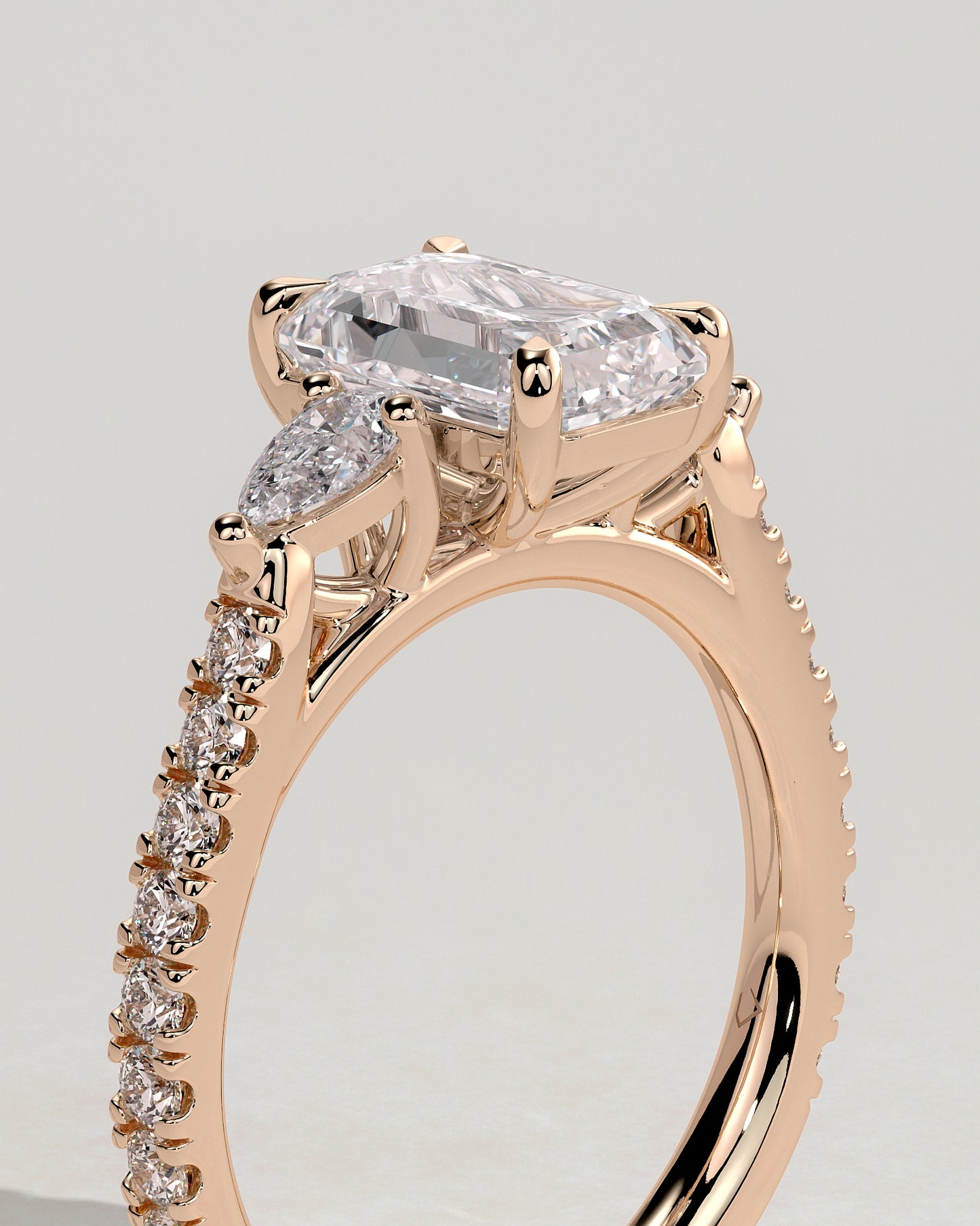 Autumn - Emerald Claw Trilogy with Pear Side Stones and Pave Band Engagement Ring - Rose Gold - Rose Gold 2ct