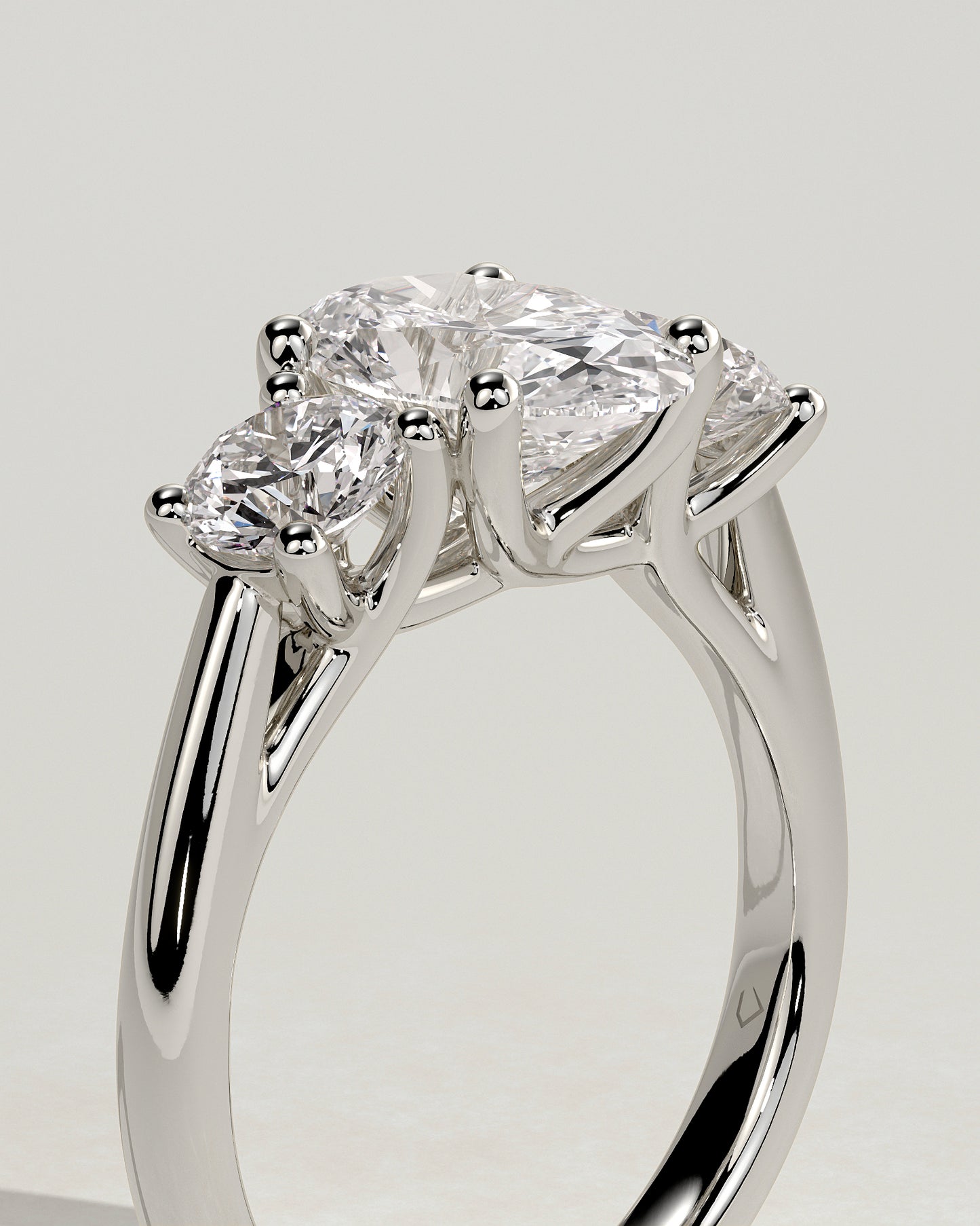 Grace - Oval Claw Trilogy with Round Side Stones, Open Trellis Gallery and Tapered Band Engagement Ring - Platinum - White Gold / Platinum 2ct