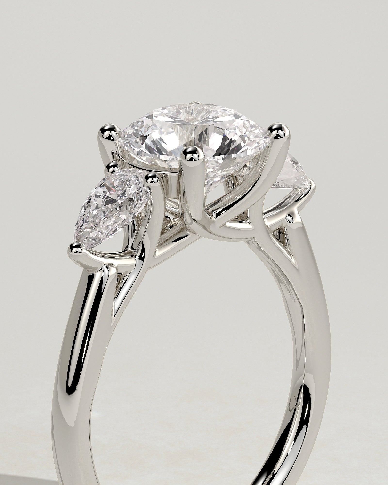 Adelyn - Round Claw Trilogy with Pear Side Stones and Open Trellis Gallery Engagement Ring - Platinum - White Gold / Platinum 2ct