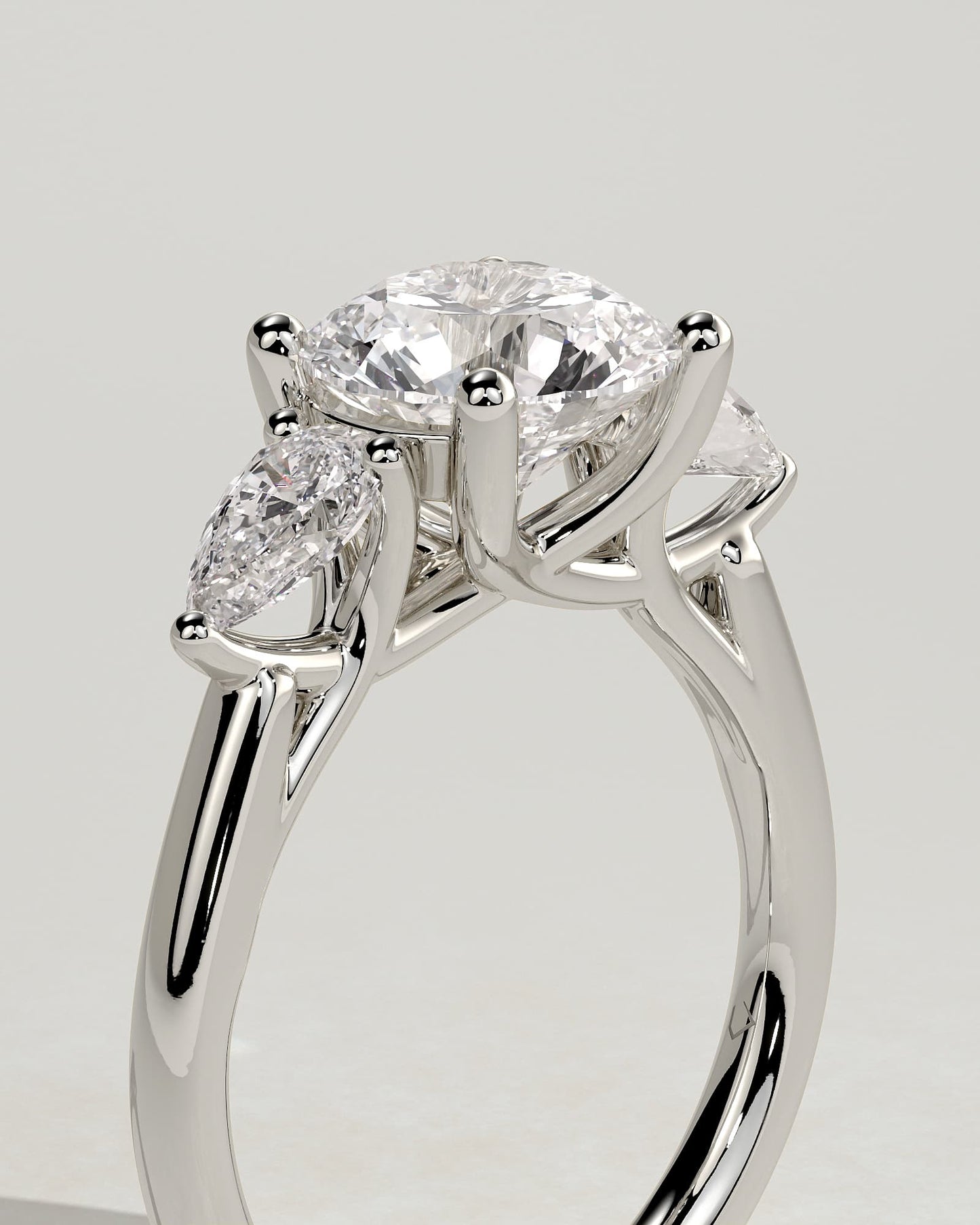 Adelyn - Round Claw Trilogy with Pear Side Stones and Open Trellis Gallery Engagement Ring - White Gold - white gold - Lara Jewels