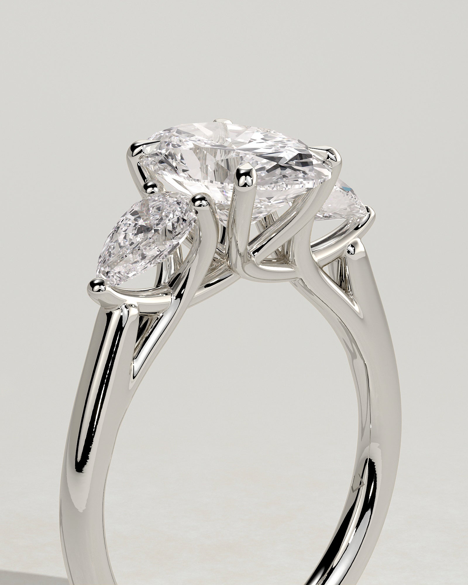 Amara - Oval Claw Trilogy with Pear Side Stones and Open Trellis Gallery Engagement Ring - Platinum - White Gold / Platinum 2ct
