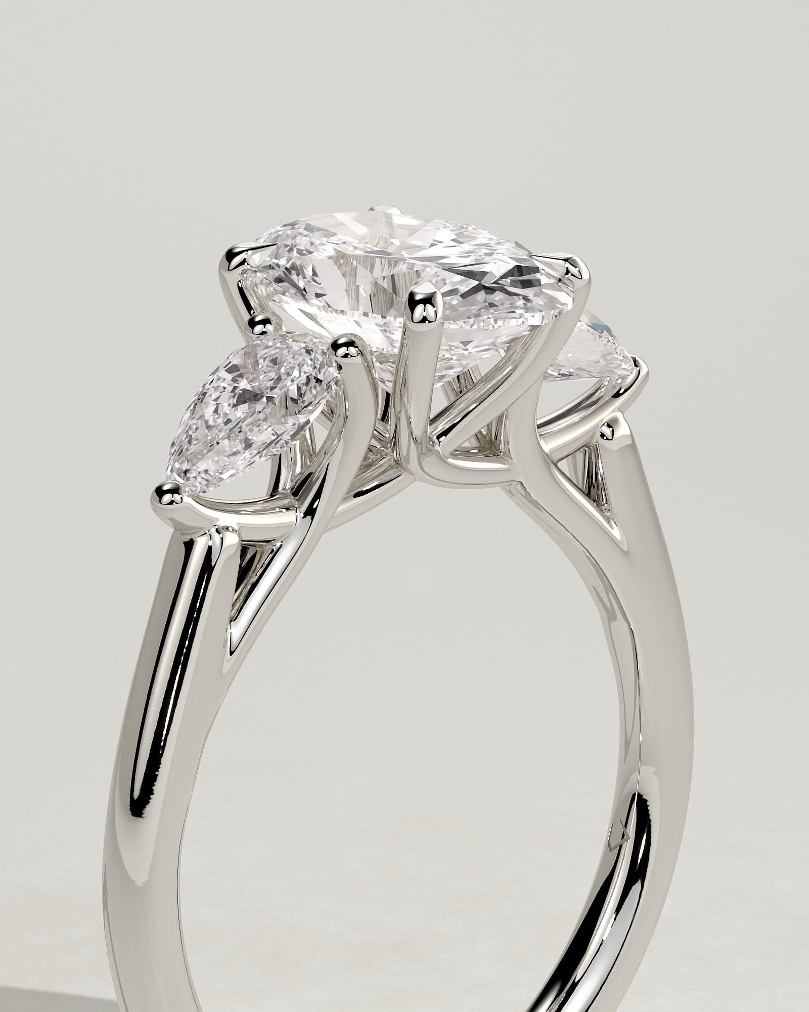 Amara - Oval Claw Trilogy with Pear Side Stones and Open Trellis Gallery Engagement Ring - White Gold - white gold - Lara Jewels